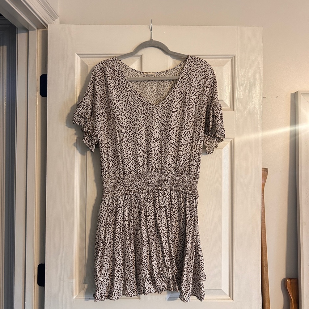 Leopard Print Smocked Dropped Waist Dress- Beige & Black